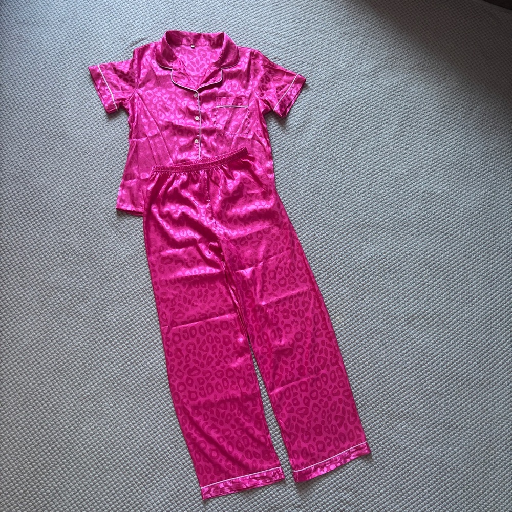 Shein Hot Pink Leopard Satin Pajama Set